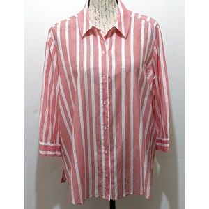 Chico's  Cotton Silk  Blouse  2 (L) Red White Stripe Button Down 3/4 Sleeve